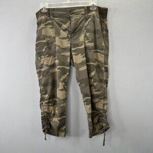 Sonoma Camo Cargo Crop Pants 10 Olive Green Cinch Hem Knit Waist Zip Camouflage